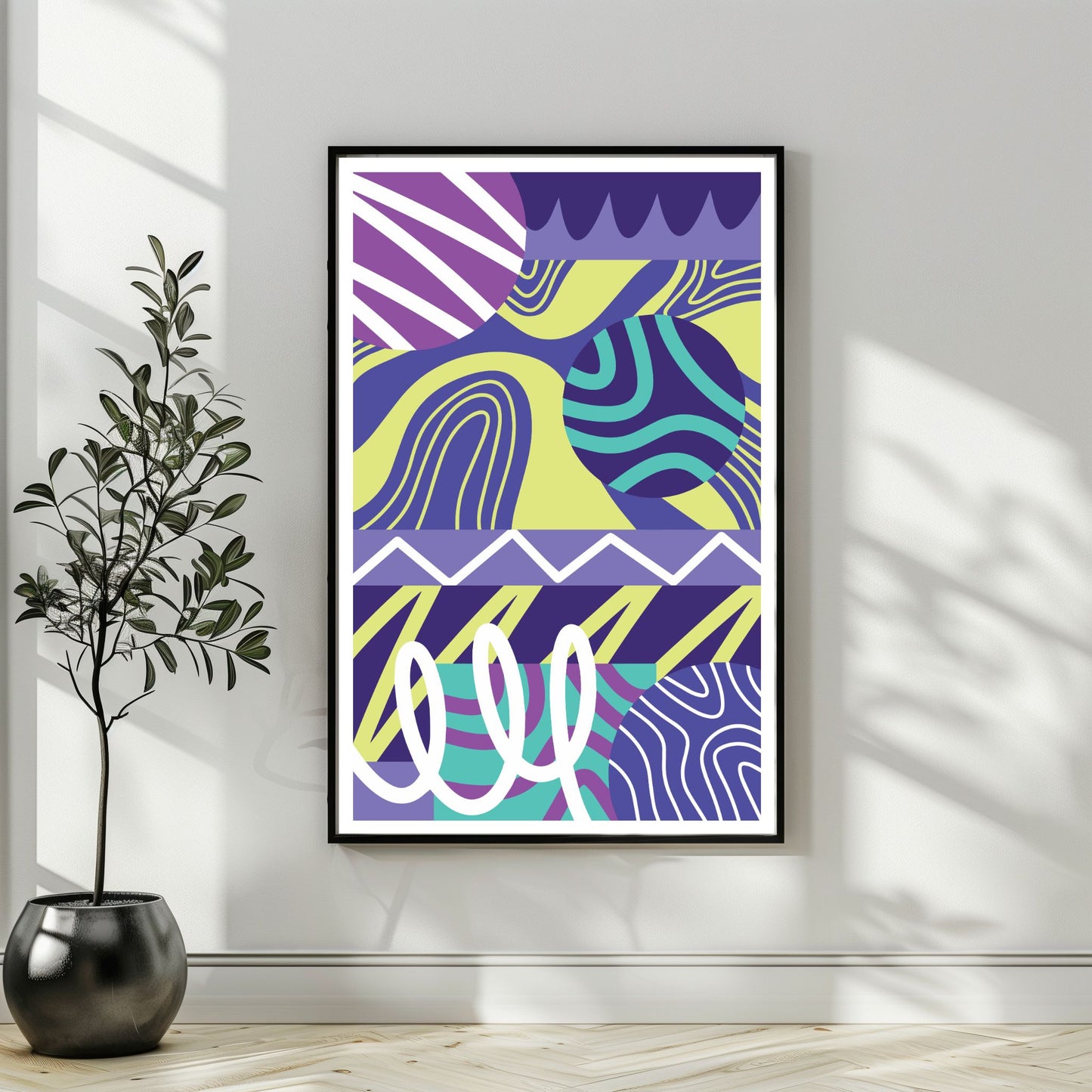 Gaphic flow abstrakt plakat med hvit kant i sort ramme på vegg
