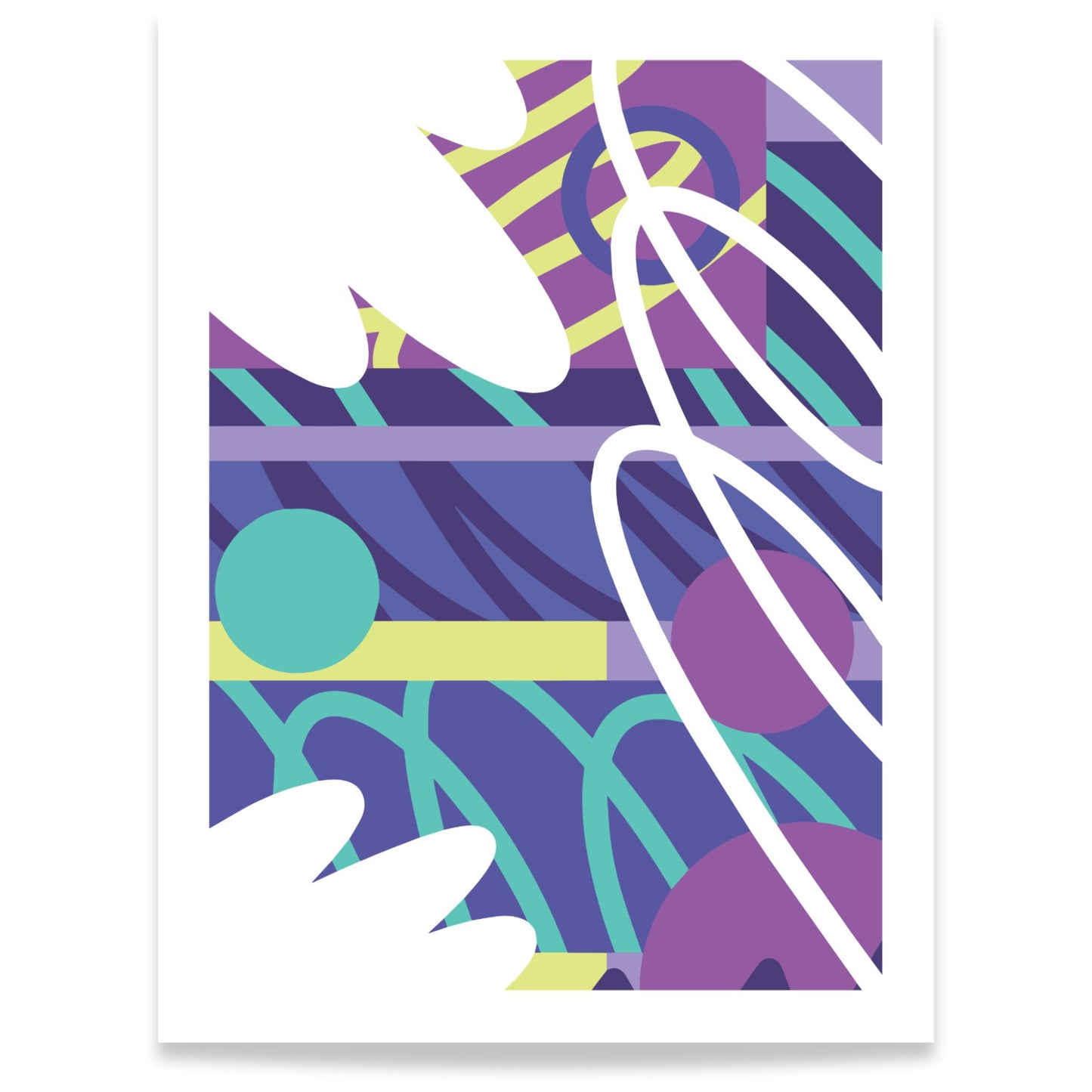 Graphic Layers abstrakt plakat med grafiske former i lilla, turkis og hvit 30x40