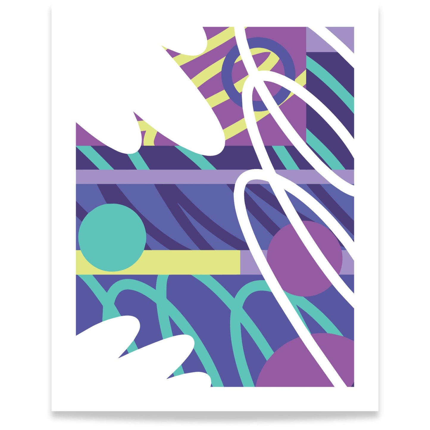 Graphic Layers abstrakt plakat med grafiske former i lilla, turkis og hvit 40x50