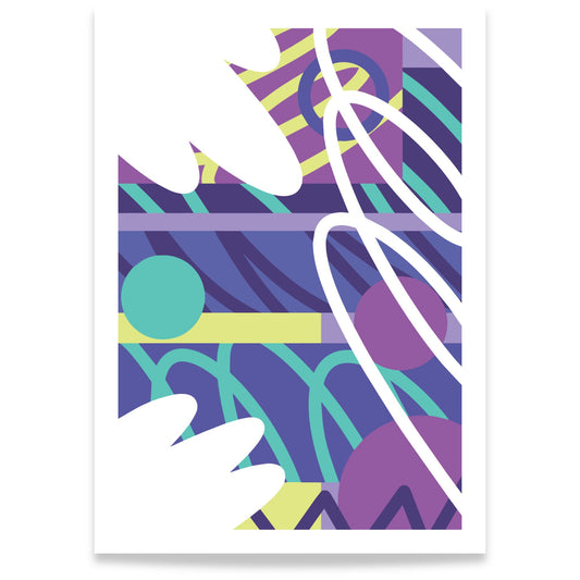 Graphic Layers abstrakt plakat med grafiske former i lilla, turkis og hvit 50x70