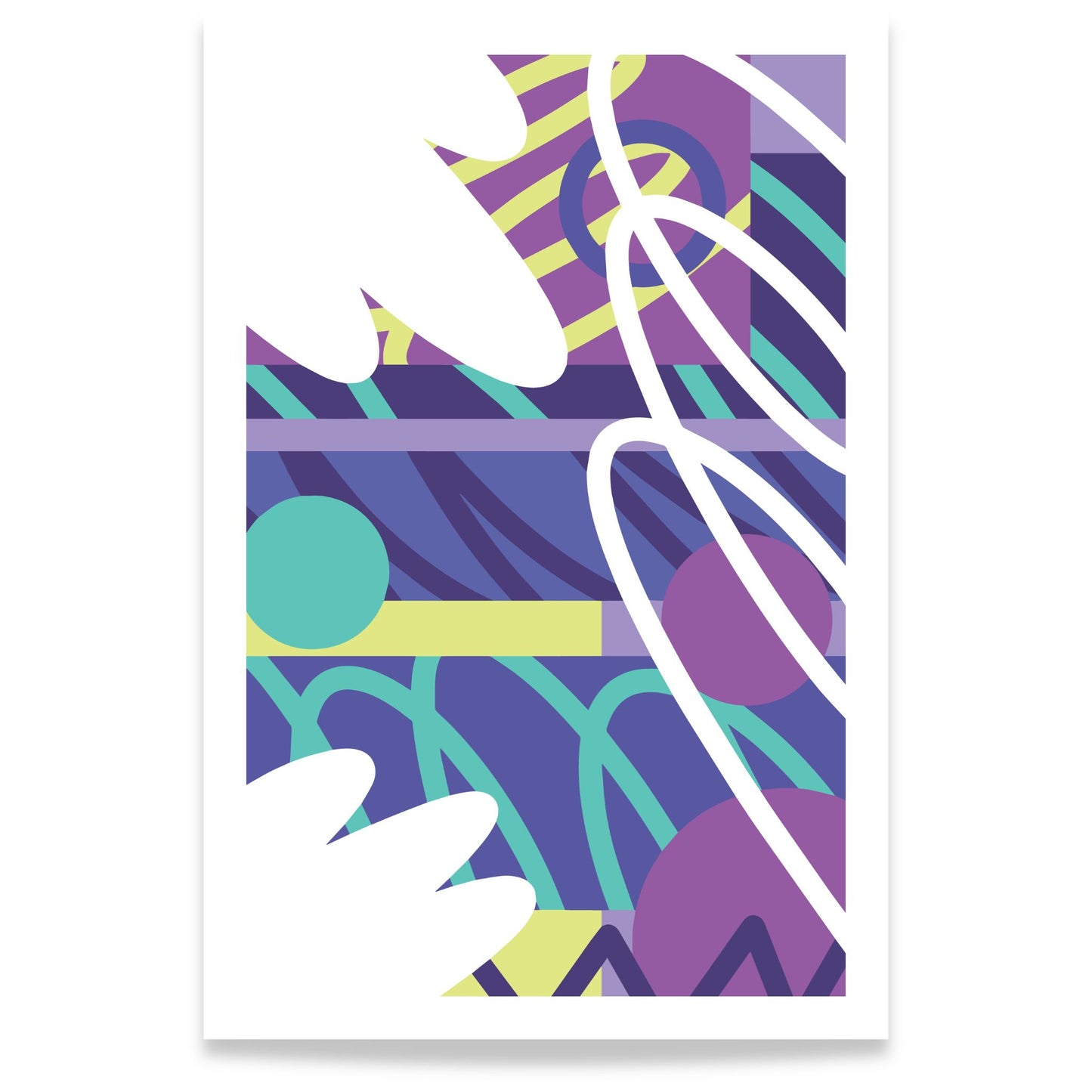 Graphic Layers abstrakt plakat med grafiske former i lilla, turkis og hvitt 80x120