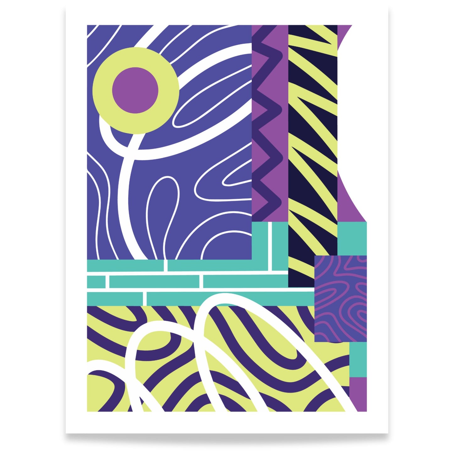 Graphic Pulse abstrakt plakat med grafiske former i lilla, limegrønt og turkis 30x40