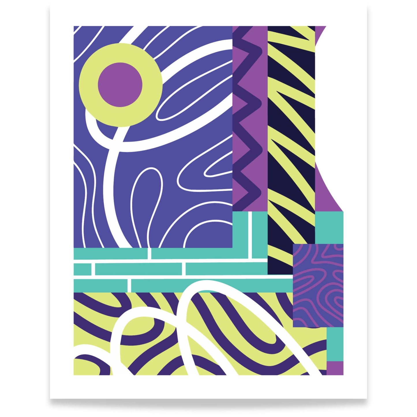 Graphic Pulse abstrakt plakat med grafiske former i lilla, limegrønt og turkis 40x50