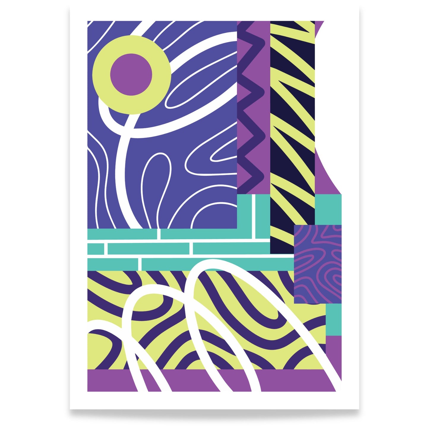 Graphic Pulse abstrakt plakat med grafiske former i lilla, limegrønt og turkis 50x70