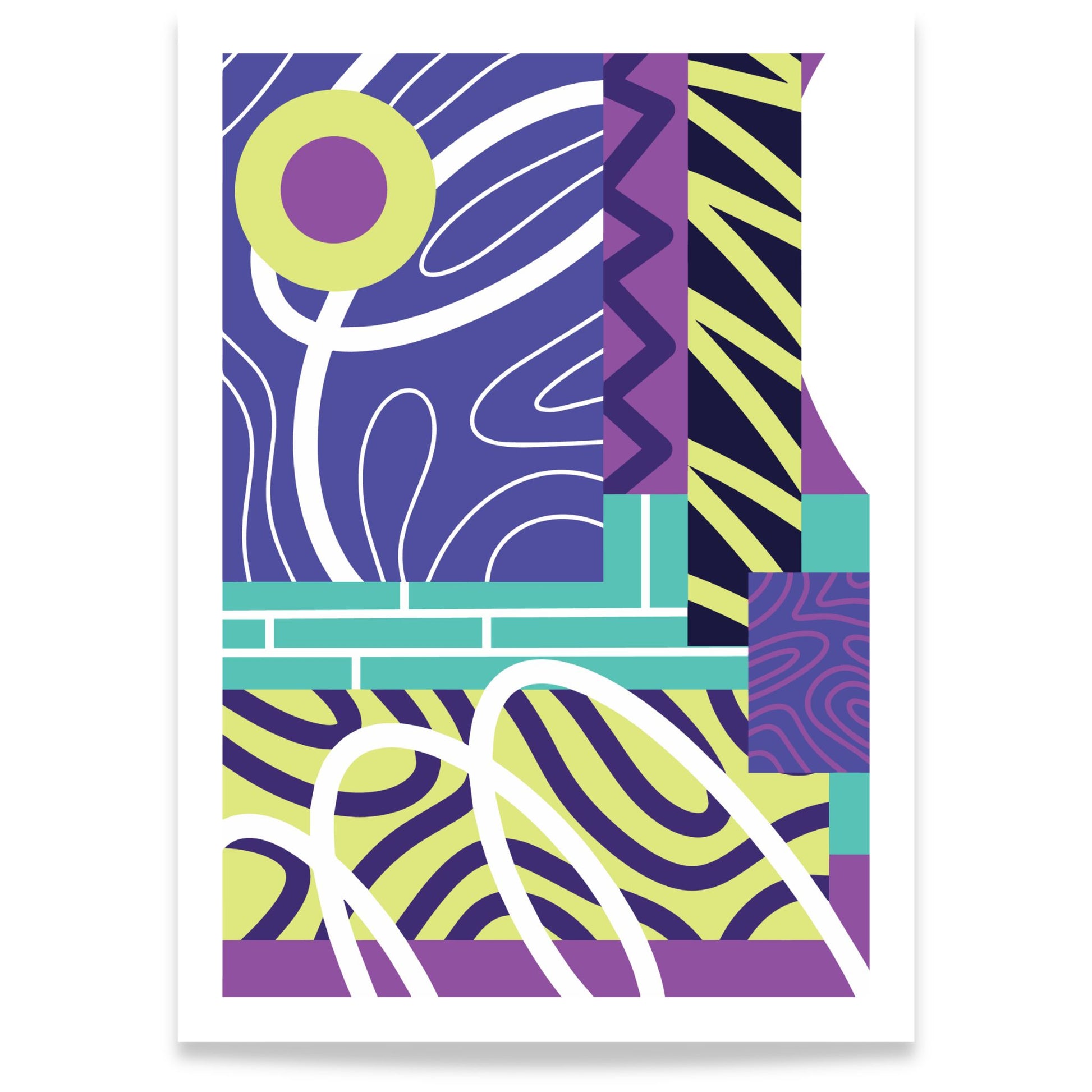 Graphic Pulse abstrakt plakat med grafiske former i lilla, limegrønt og turkis 50x70