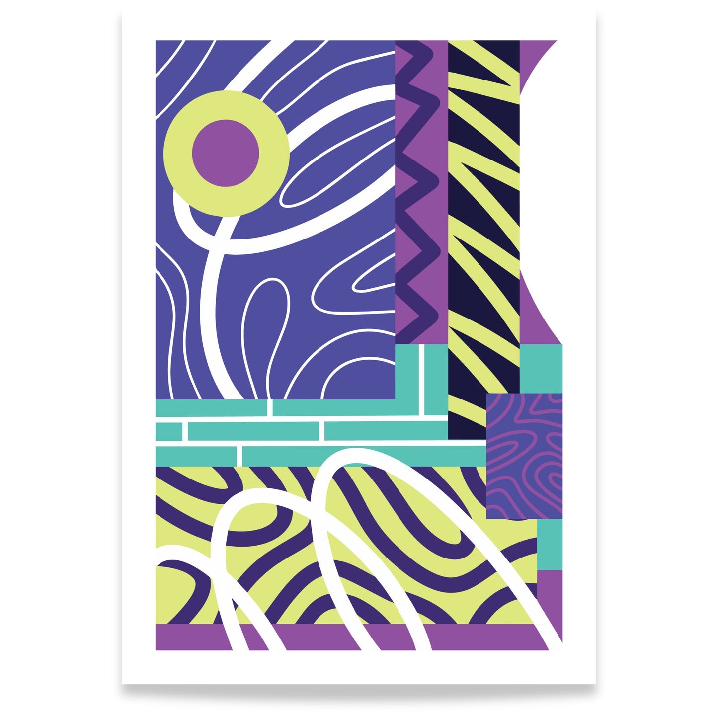 Graphic Pulse abstrakt plakat med grafiske former i lilla, limegrønt og turkis 70x100