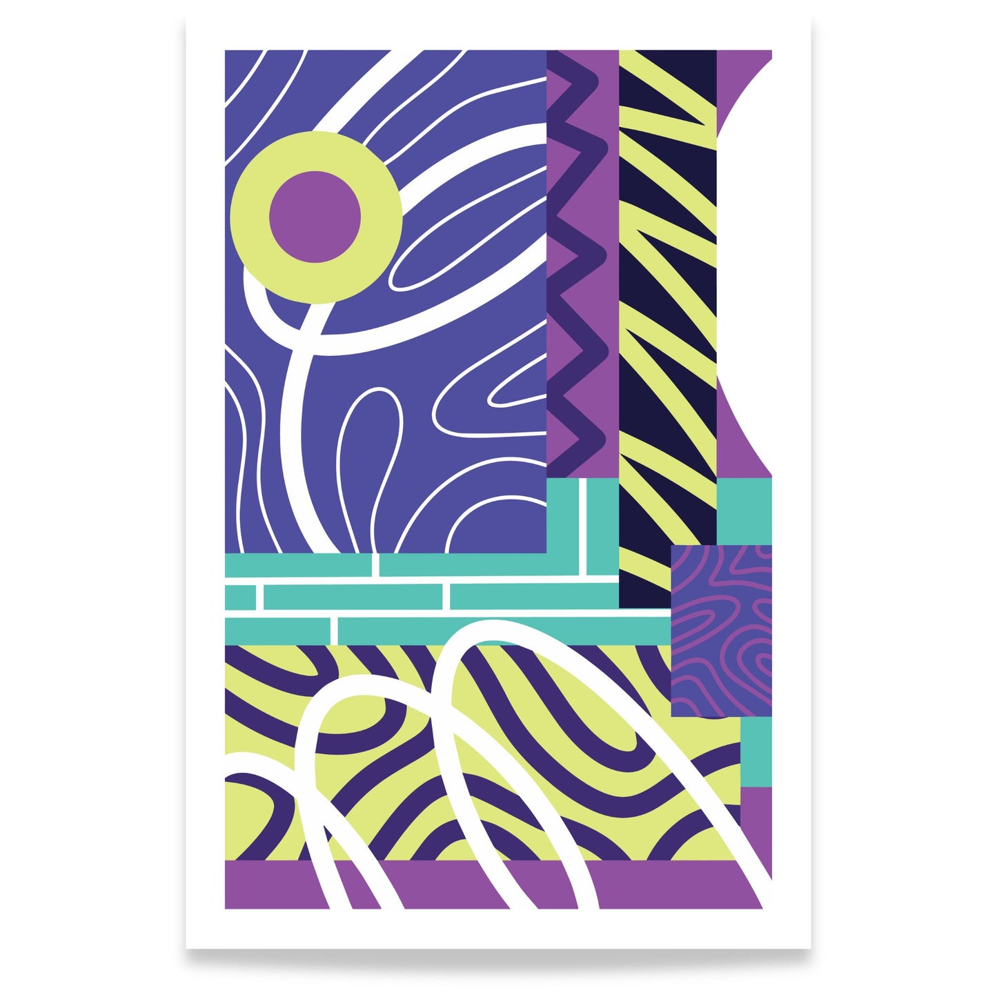 Graphic Pulse abstrakt plakat med grafiske former i lilla, limegrønt og turkis 80x120