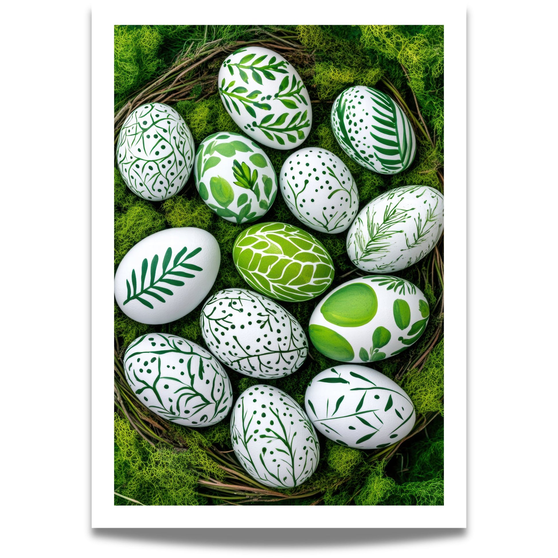 Plakat med grønne påskeegg med botaniske mønstre