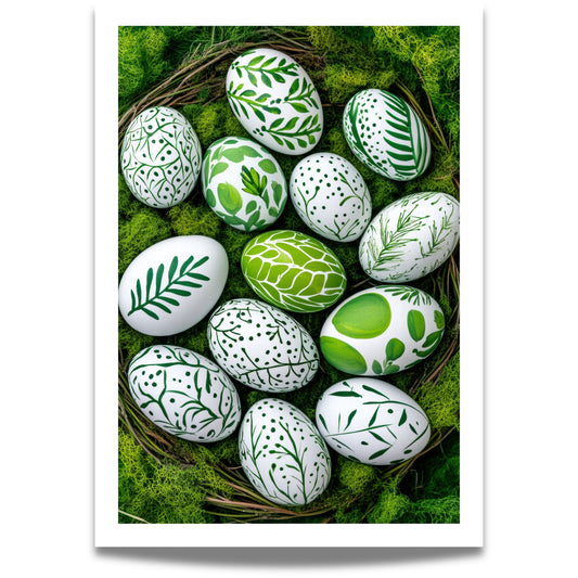 Plakat med grønne påskeegg med botaniske mønstre