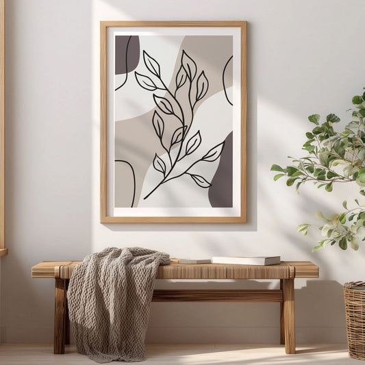 Growing Branch botanisk plakat i eikeramme over trebenk i lyst nordisk interiør