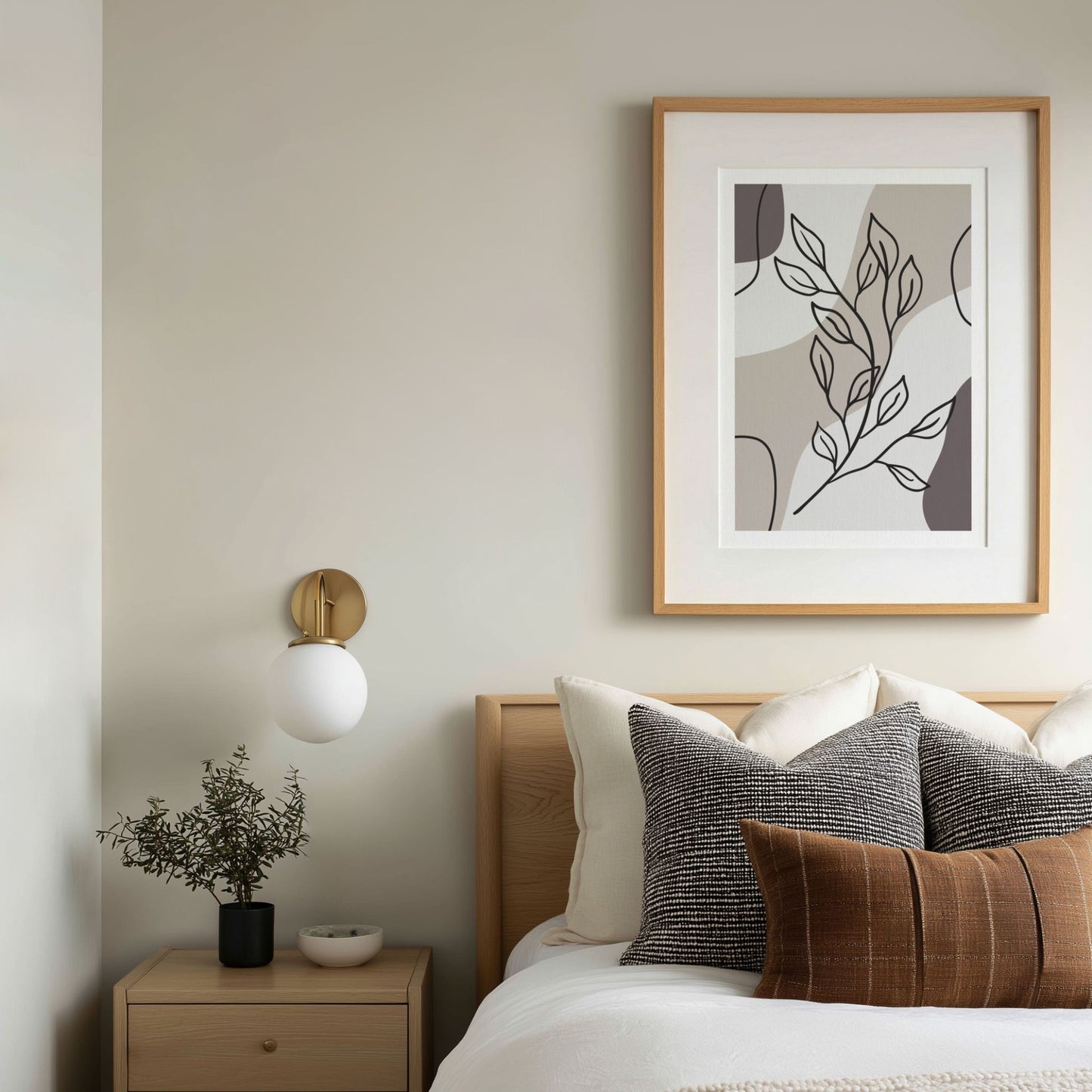 Growing Branch botanisk plakat i eikeramme over seng i moderne soverom