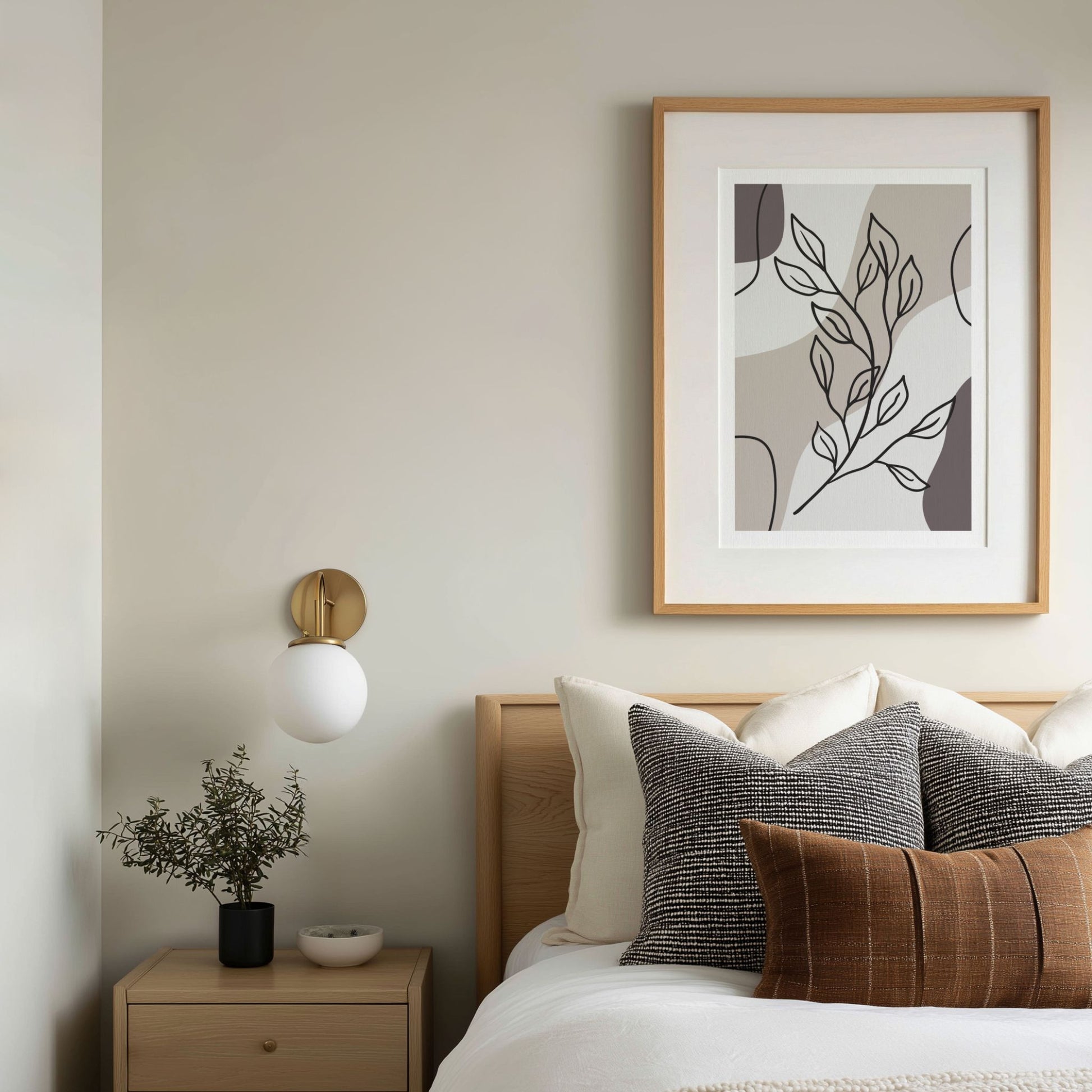 Growing Branch botanisk plakat i eikeramme over seng i moderne soverom