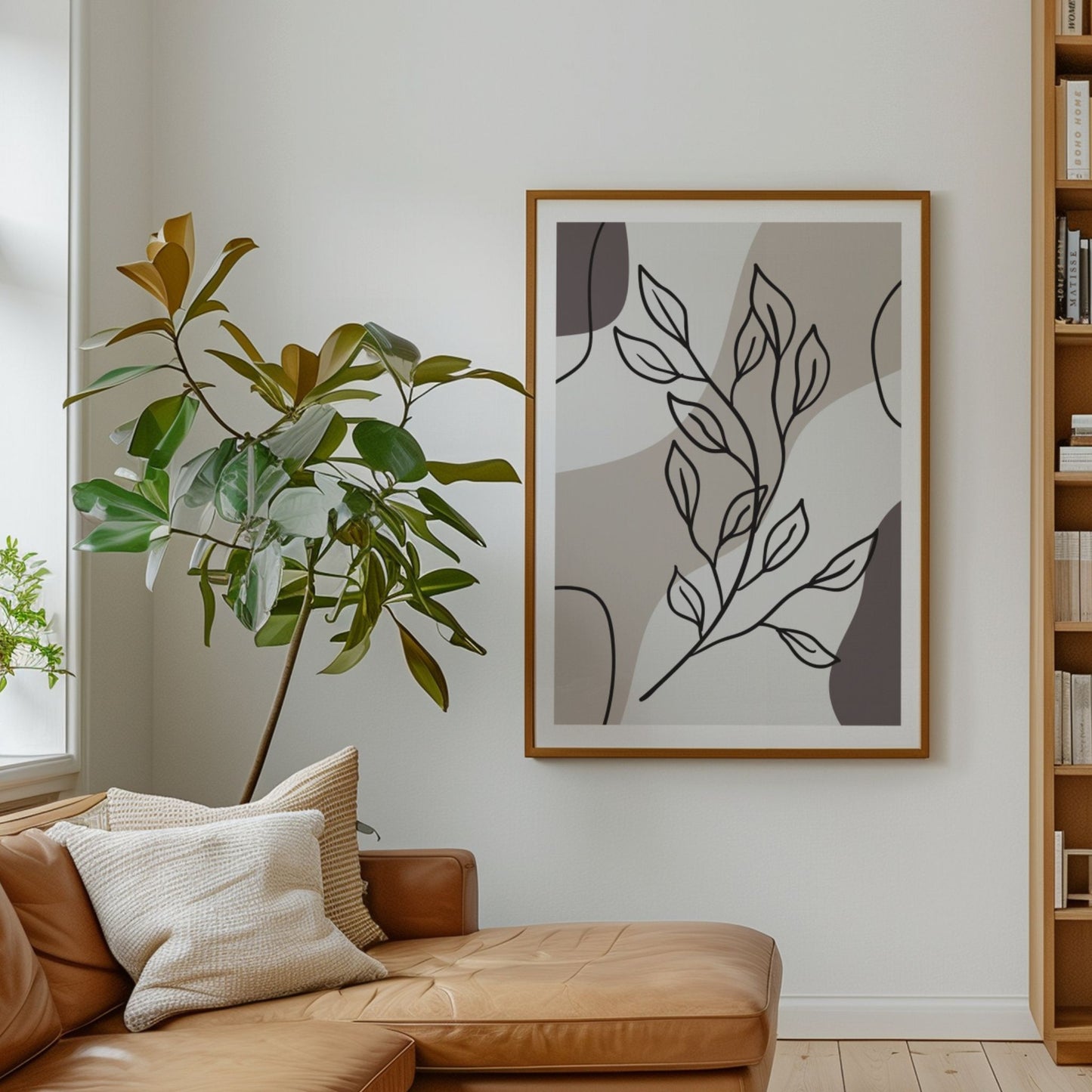 Growing Branch botanisk plakat i treramme ved brun skinnsofa og grønne planter