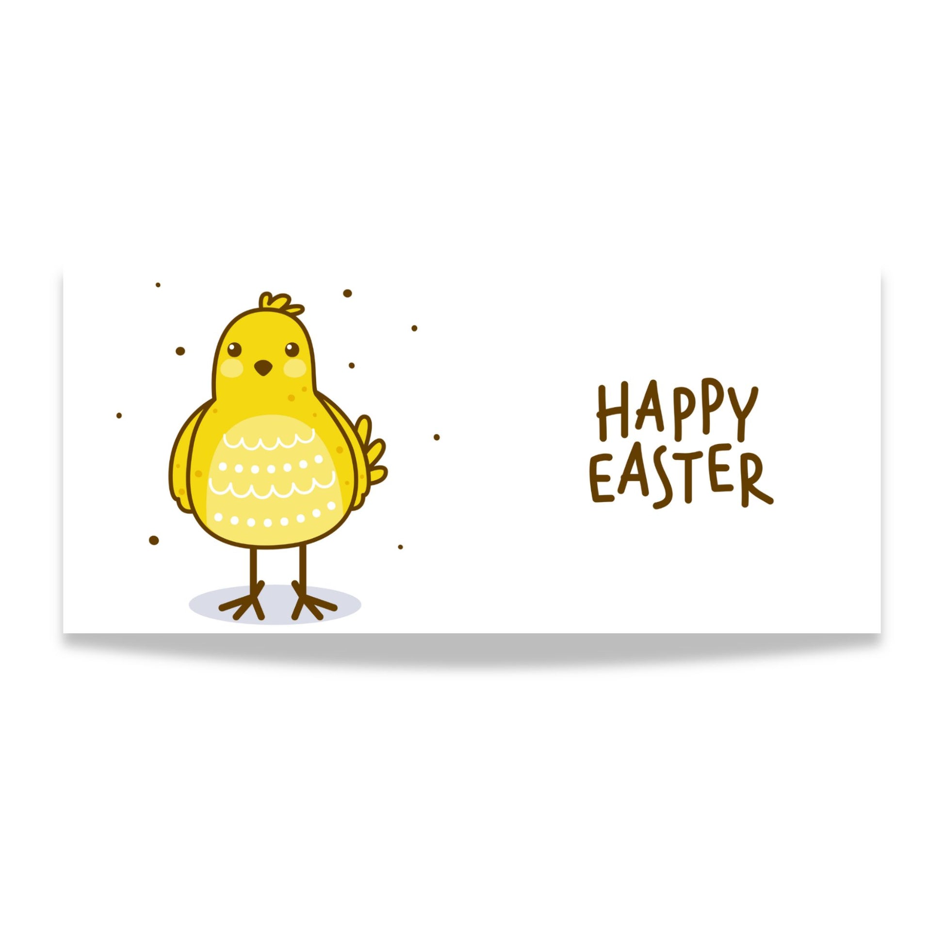 Illustrasjon av glad gul påskekylling som klekker fra blått prikkete egg med teksten Happy Easter.