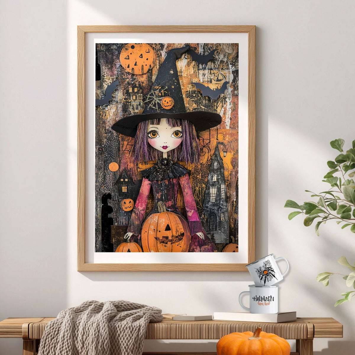 Halloween-plakat med heksemotiv og Halloween-krus i stemningsfullt interiør