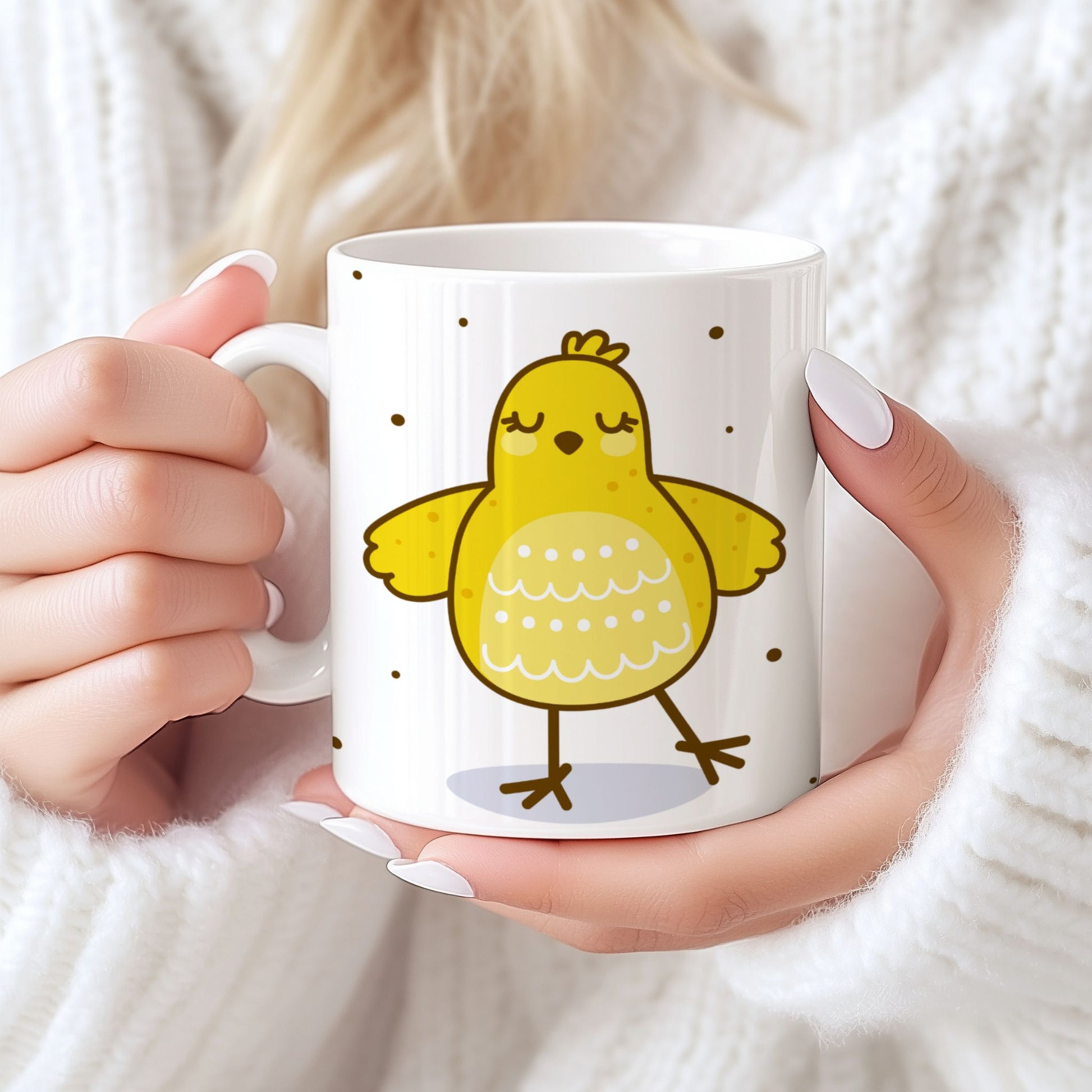 Keramikkrus med gul påskekylling med lukkede øyne og utstrakte vinger, holdt i hendene foran lys bakgrunn.