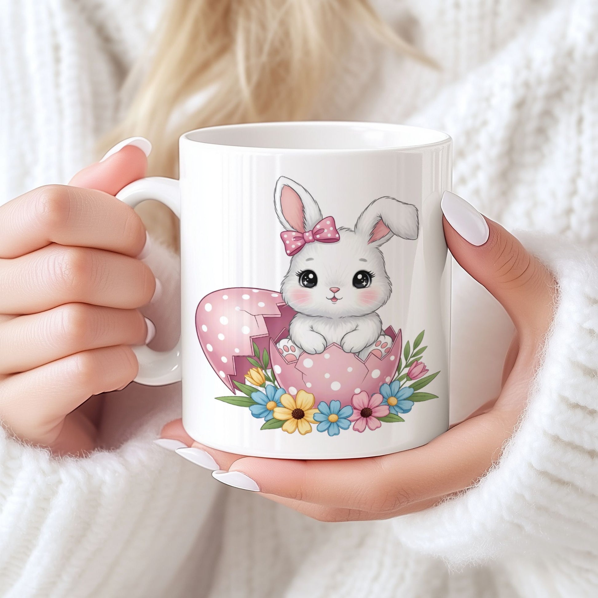 Keramikkrus med søt hvit kanin med rosa sløyfe som sitter i prikkete rosa påskeegg med blomster, holdt i hendene foran lys bakgrunn.