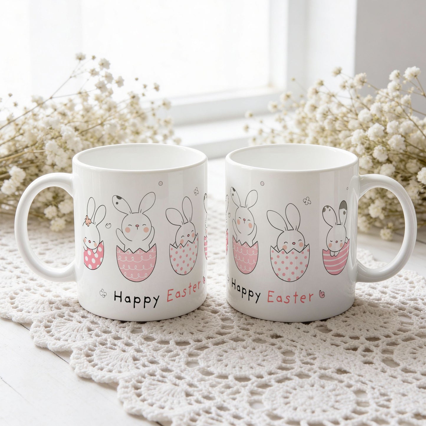 Påskekrus med kaniner i rosa mønstrede egg og teksten Happy Easter, vist fra begge sider på hvit blondeduk.