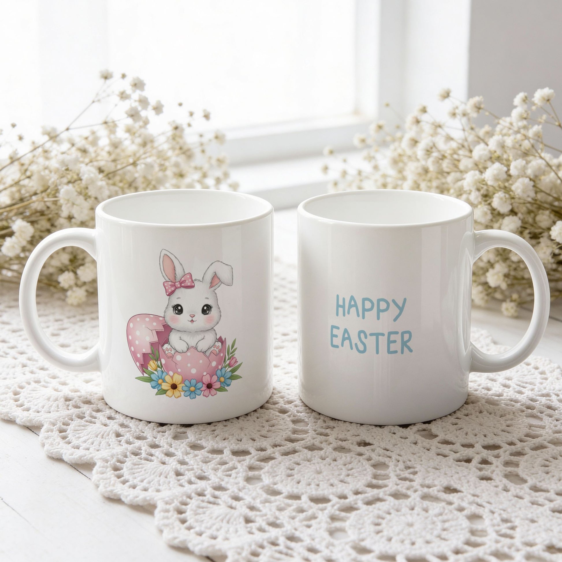 Påskekrus med hvit kanin med rosa sløyfe i rosa egg og teksten Happy Easter, vist fra begge sider på hvit blondeduk.