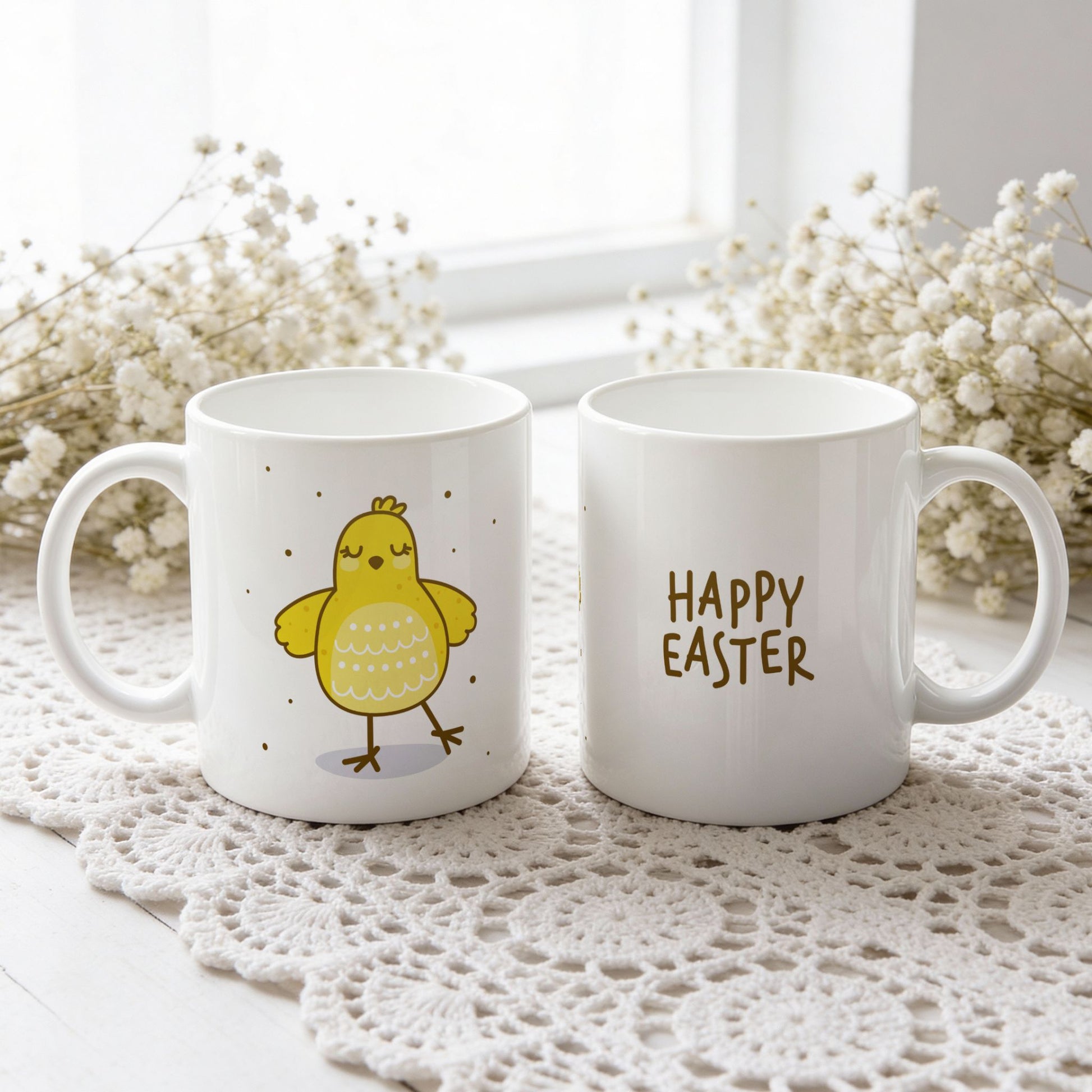 Påskekrus i keramikk med dansende gul kylling og teksten Happy Easter, vist fra begge sider på hvit blondeduk.