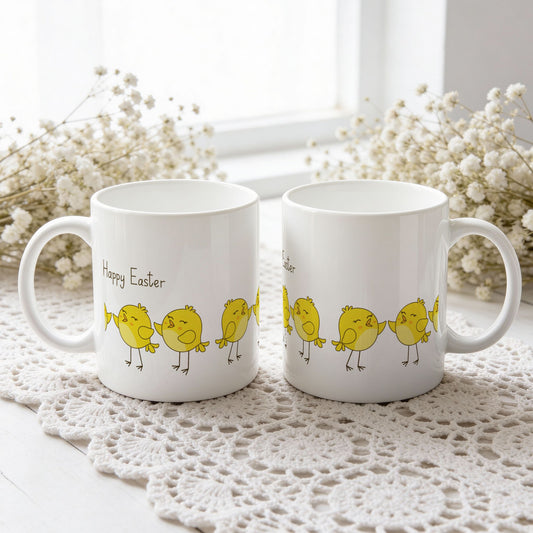 Påskekrus med gule kyllinger på rekke og teksten Happy Easter, vist fra begge sider på hvit blondeduk.