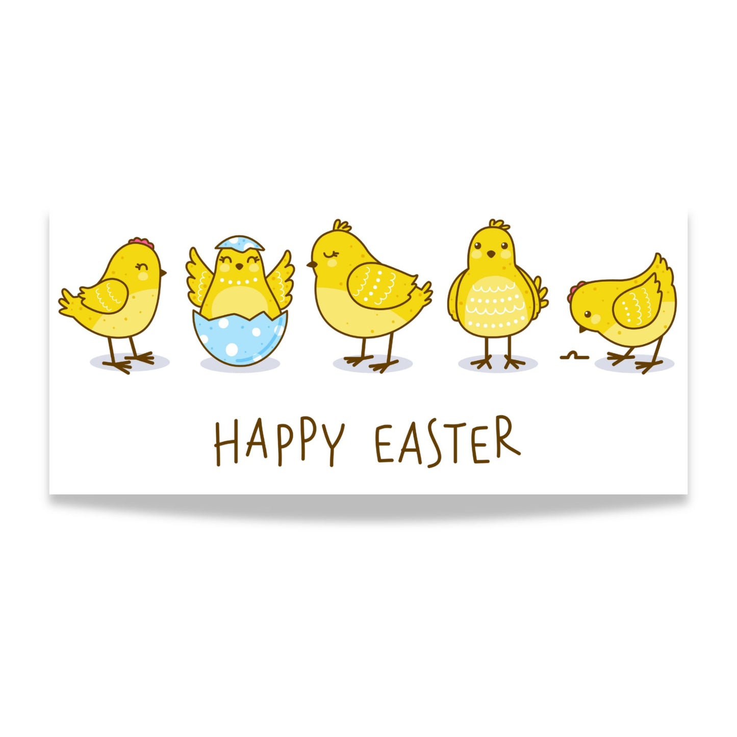 Illustrasjon av to søte gule påskekyllinger, én klekket fra blått egg, med teksten Happy Easter. Designmotiv.