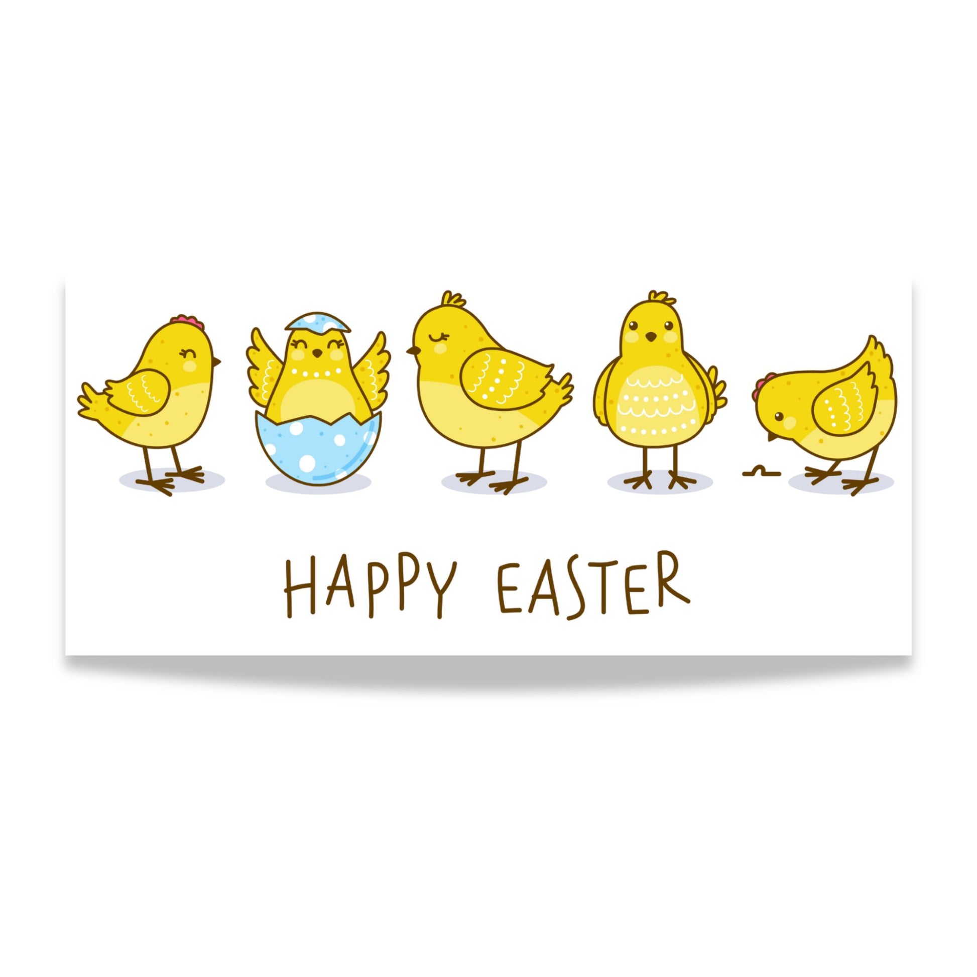 Illustrasjon av to søte gule påskekyllinger, én klekket fra blått egg, med teksten Happy Easter. Designmotiv.