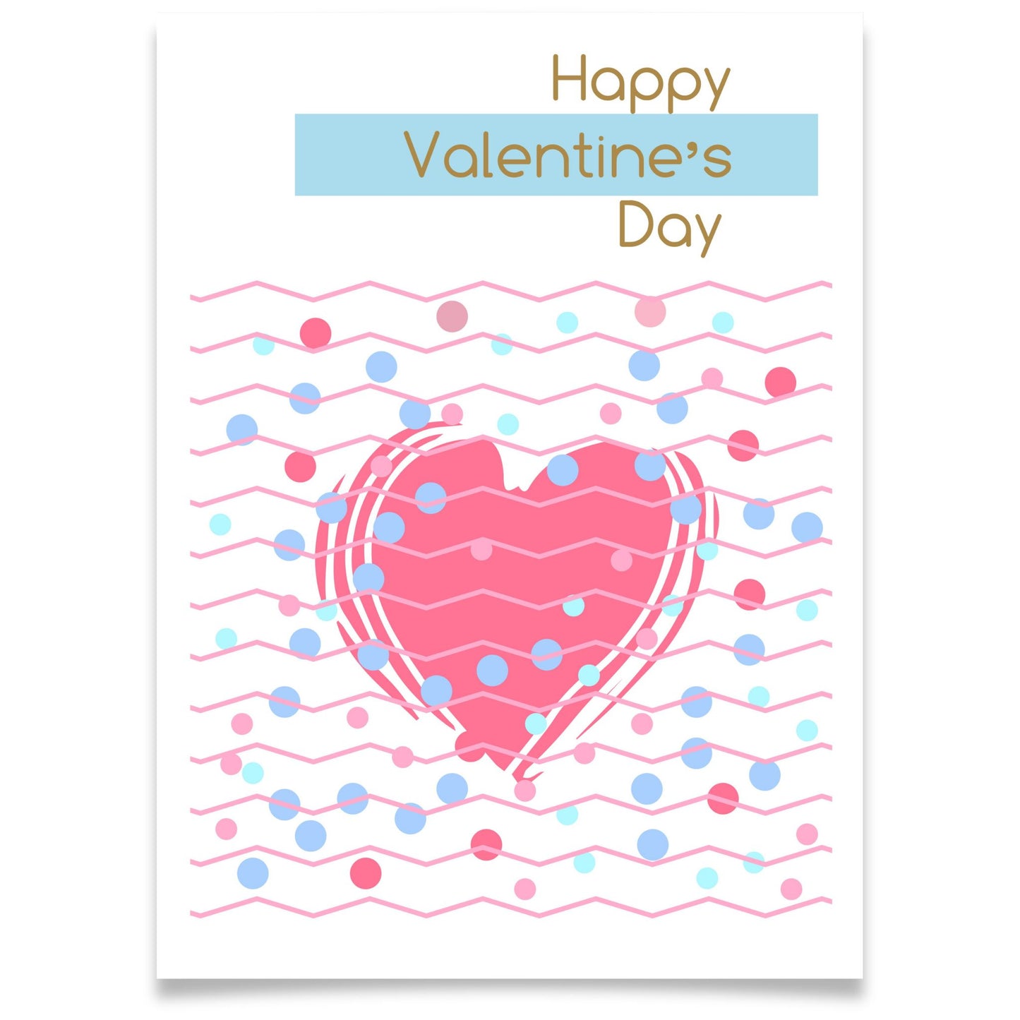 Kjærlighetskort med teksten Happy Valentine’s Day, stort rosa hjerte, grafiske linjer og prikker i pastellfarger.
