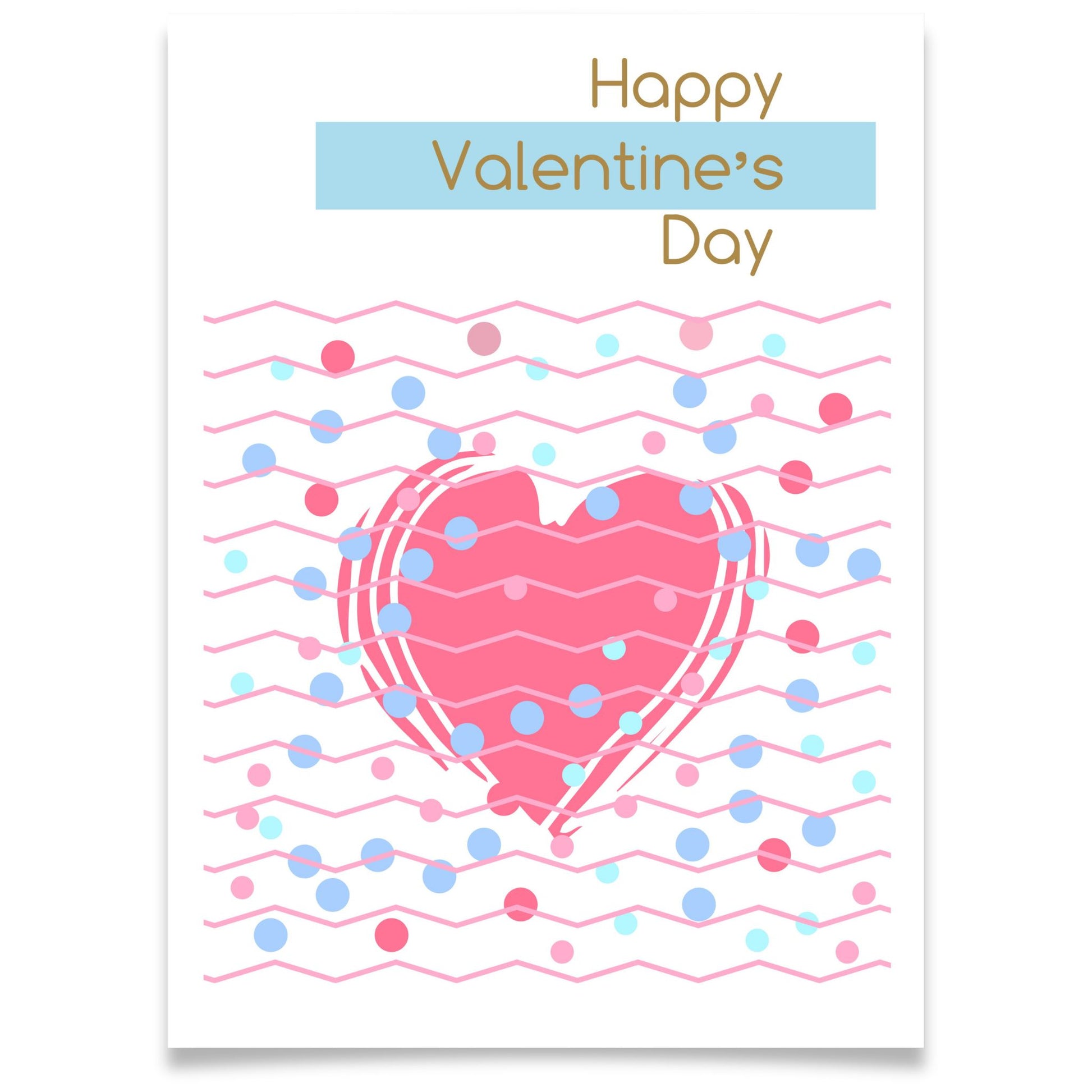 Kjærlighetskort med teksten Happy Valentine’s Day, stort rosa hjerte, grafiske linjer og prikker i pastellfarger.