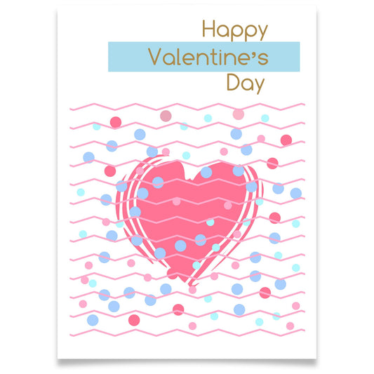 Kjærlighetskort med teksten Happy Valentine’s Day, stort rosa hjerte, grafiske linjer og prikker i pastellfarger.