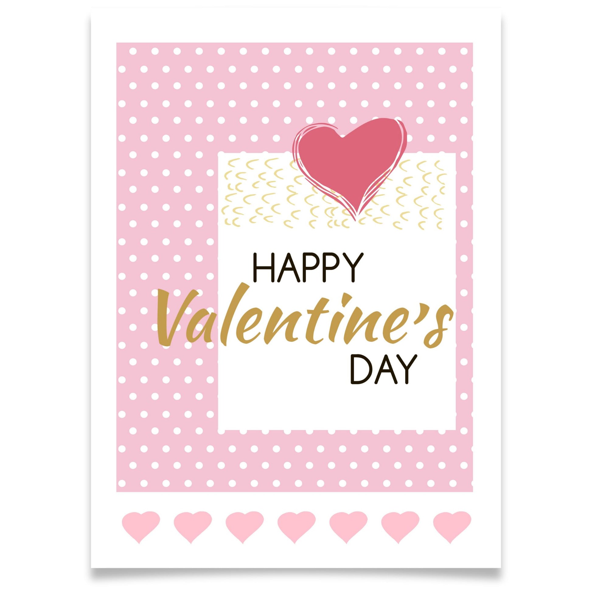 Kjærlighetskort med teksten Happy Valentine’s Day, grafisk rosa hjerte, prikket bakgrunn og dekorative detaljer i myke rosatoner.