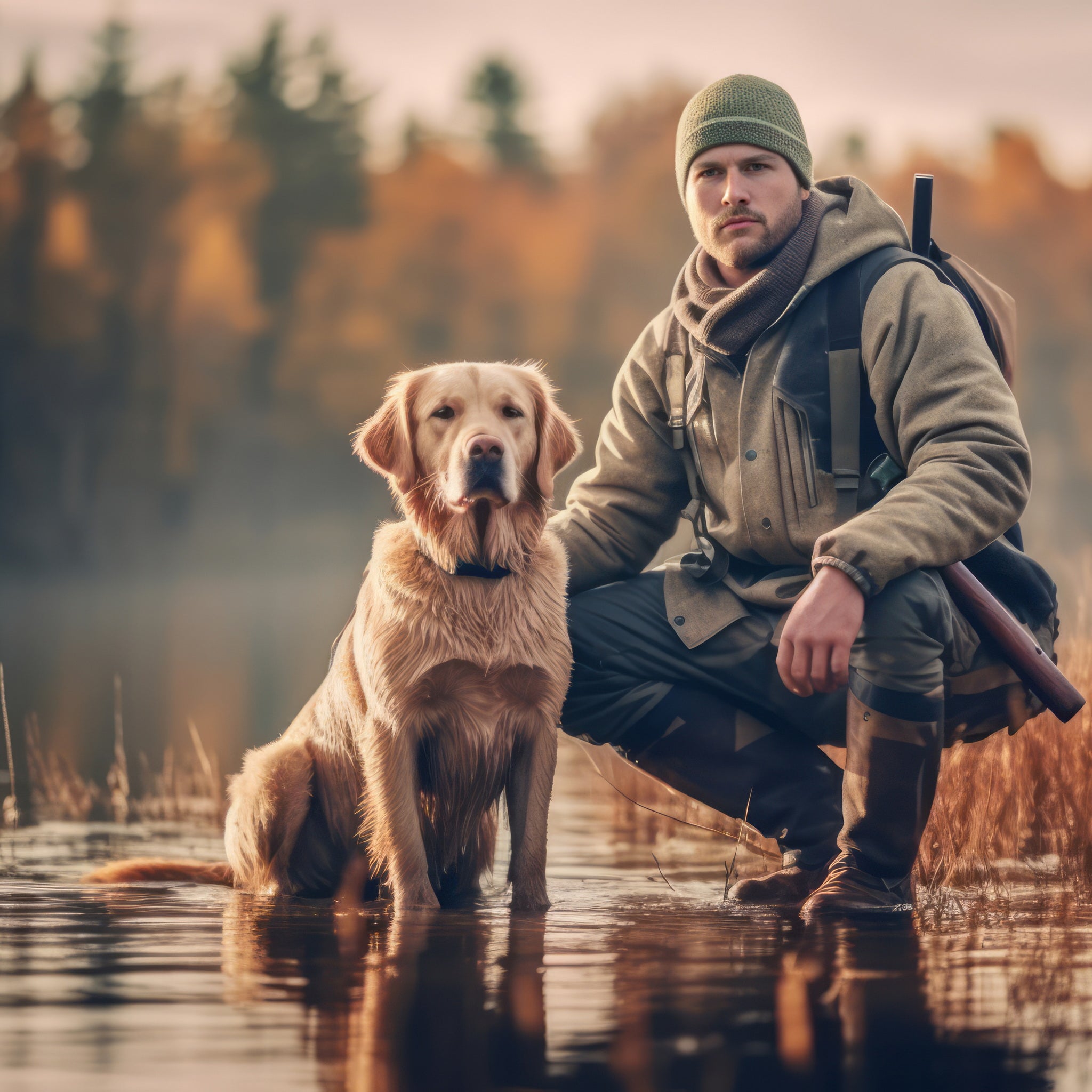 Jeger med retriever ved vann i varmt høstlandskap