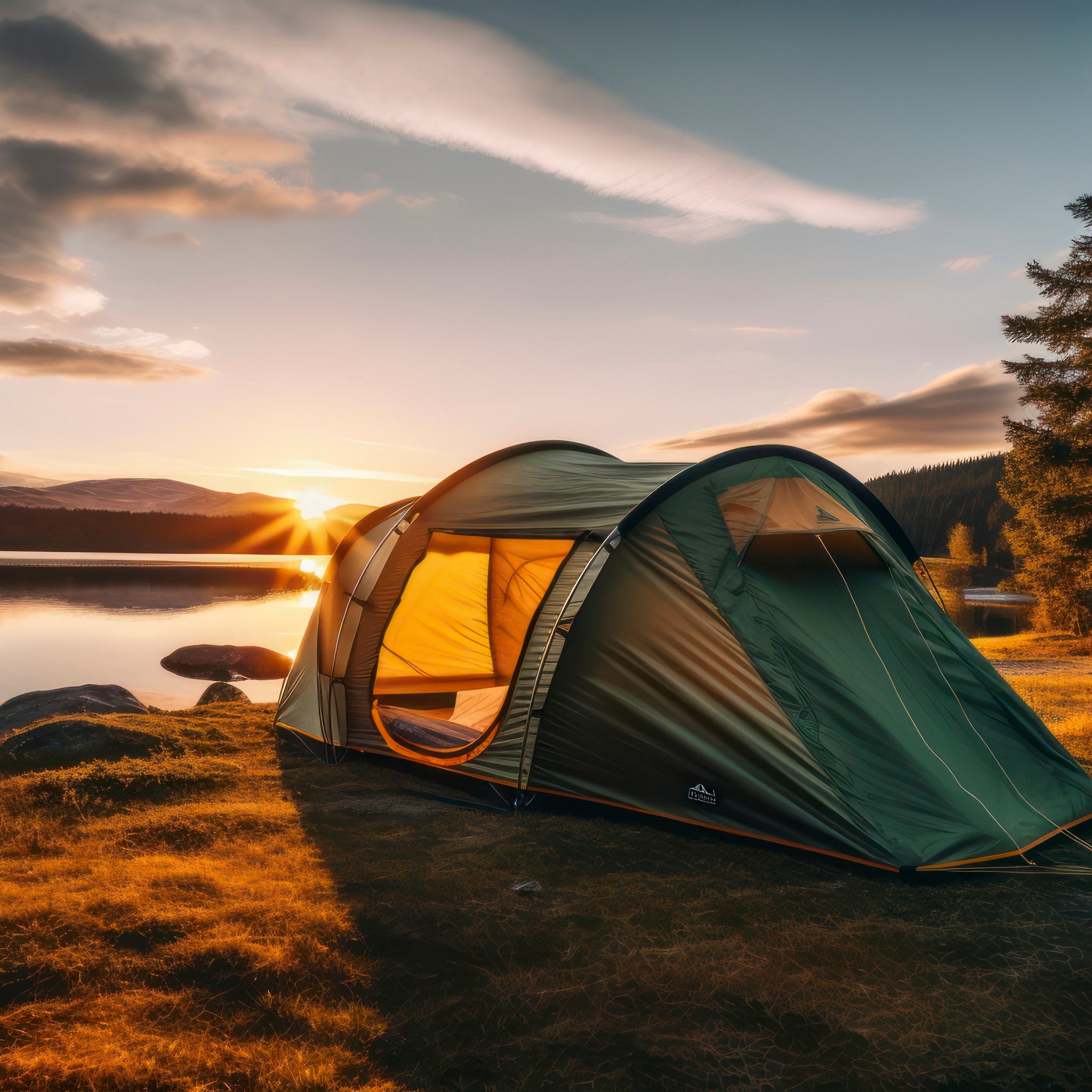 Telt ved vann i solnedgang omgitt av skog og norsk villmarksstemning
