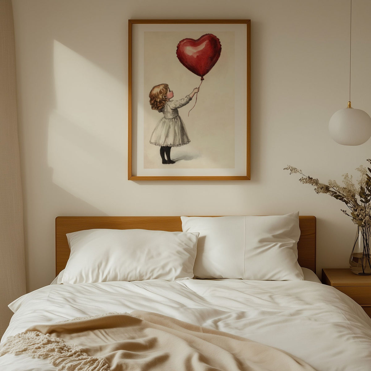 Vintage hjerteplakat med jente og rød ballong i lyst soverom