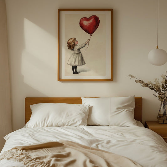 Vintage hjerteplakat med jente og rød ballong i lyst soverom