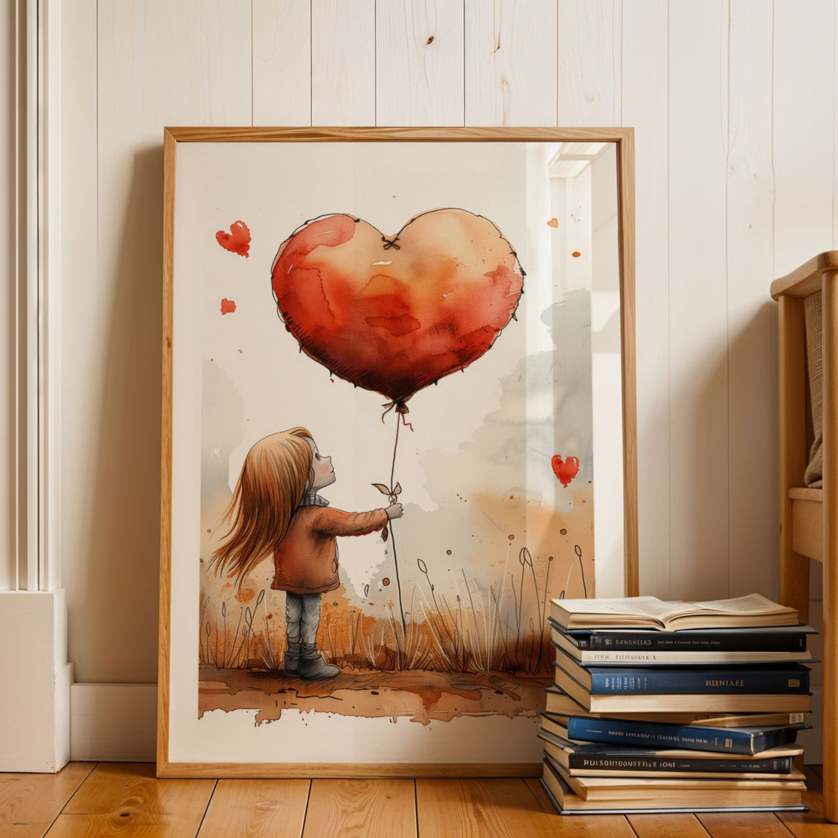 Vertikal hjerteplakat med jente og ballong i varm nordisk innredning.