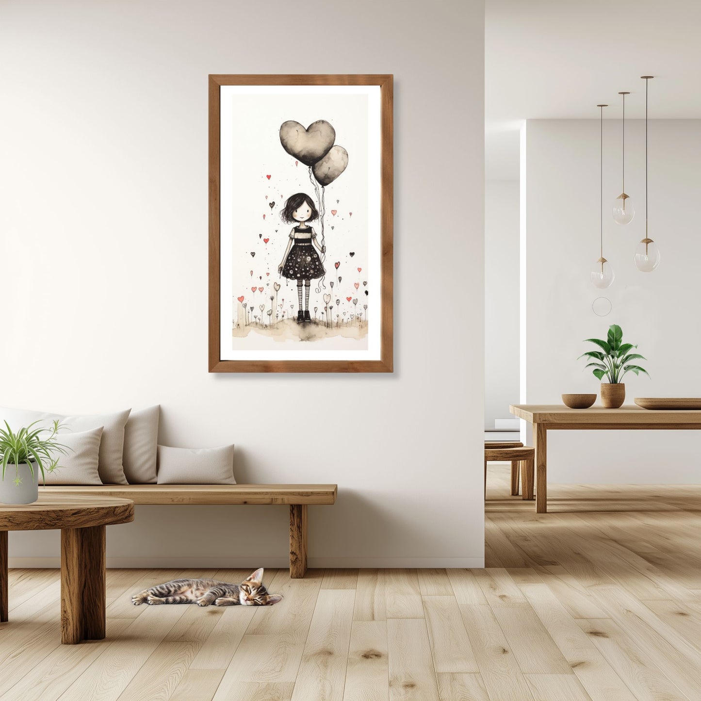 Grafisk plakat med jente og hjerteballonger på brun vegg over trebenk i moderne hjem.