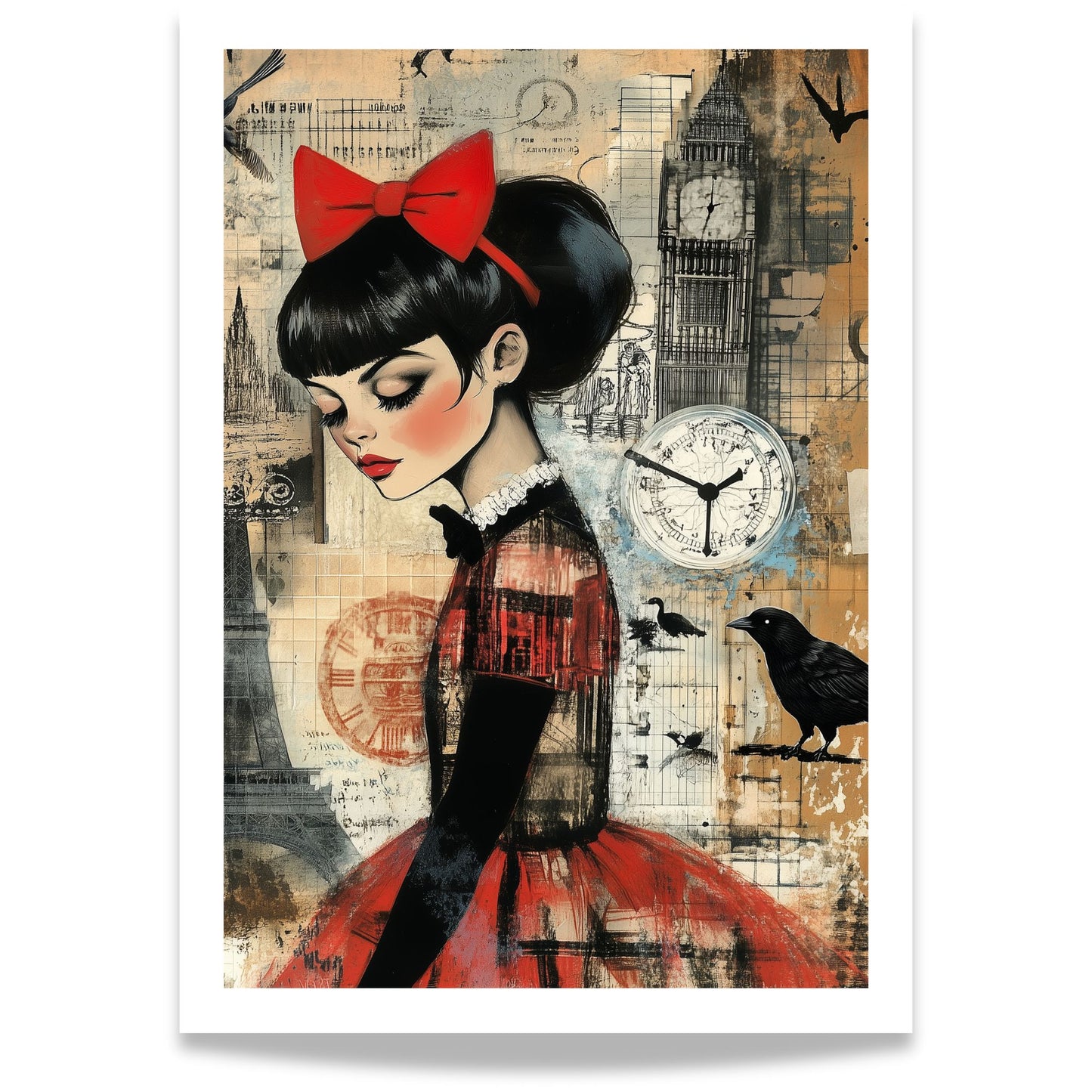 Grafisk kunstplakat av kvinne i rød kjole og sløyfe foran Eiffeltårnet, Big Ben og flere klokker – vintageinspirert motiv med fugler og drømmende stemning.