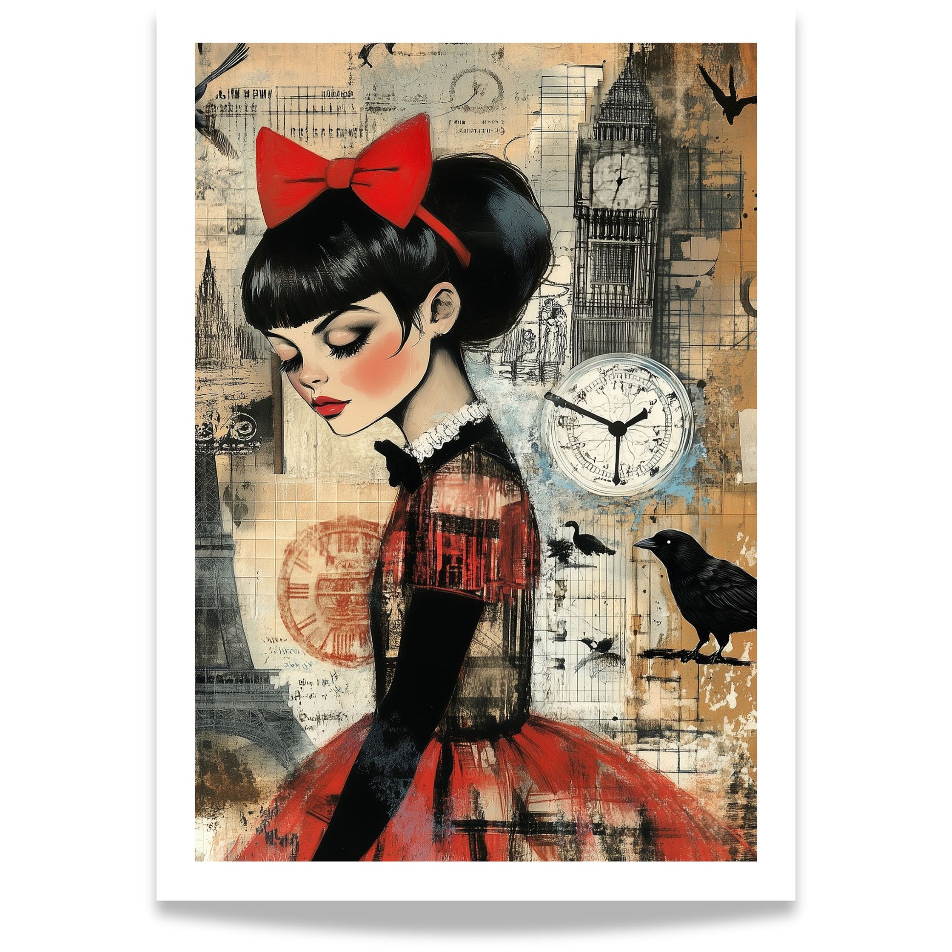 Grafisk kunstplakat av kvinne i rød kjole og sløyfe foran Eiffeltårnet, Big Ben og flere klokker – vintageinspirert motiv med fugler og drømmende stemning.