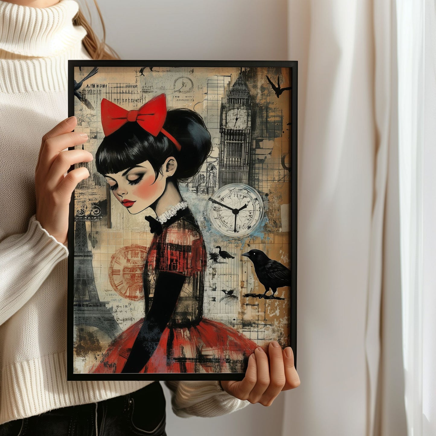 Grafisk kunstplakat av kvinne i rød kjole og sløyfe foran Eiffeltårnet, Big Ben og flere klokker – vintageinspirert motiv med fugler og drømmende stemning. Illustrasjon viser plakat uten hvit kant i sort ramme.