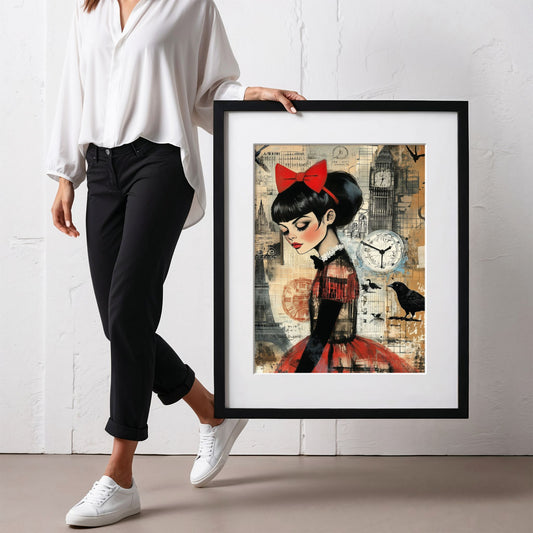 Grafisk kunstplakat av kvinne i rød kjole og sløyfe foran Eiffeltårnet, Big Ben og flere klokker – vintageinspirert motiv med fugler og drømmende stemning. Illustrasjon viser plakat med passepartout i sort ramme.