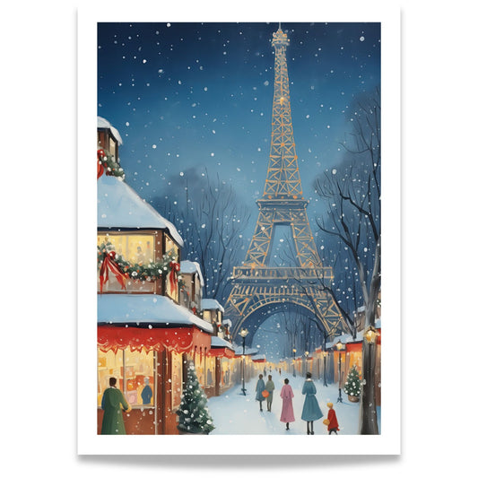Julemarked i Paris plakat med Eiffeltårnet, juleboder og snøfall