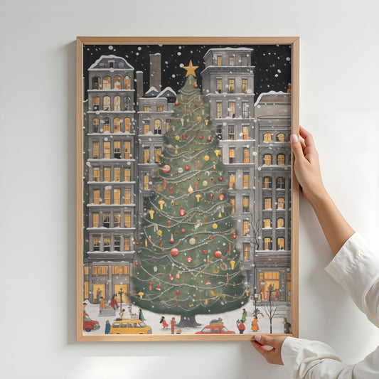 Julenatt i Byparken plakat med stort juletre, snøfall og snødekte bygårder. Illustrasjon viser plakat uten hvit kanlinje i eik ramme.