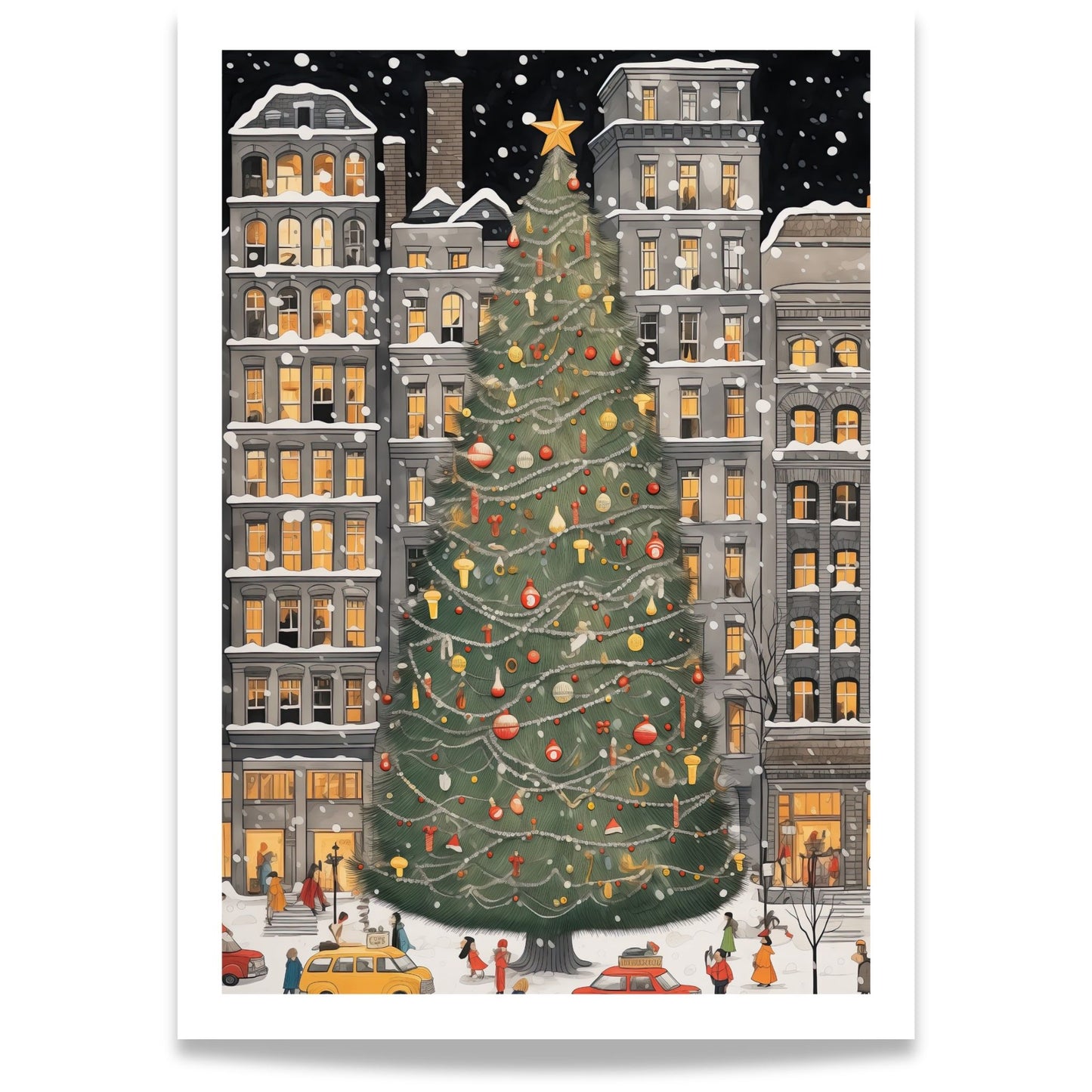 Julenatt i Byparken plakat med stort juletre, snøfall og snødekte bygårder