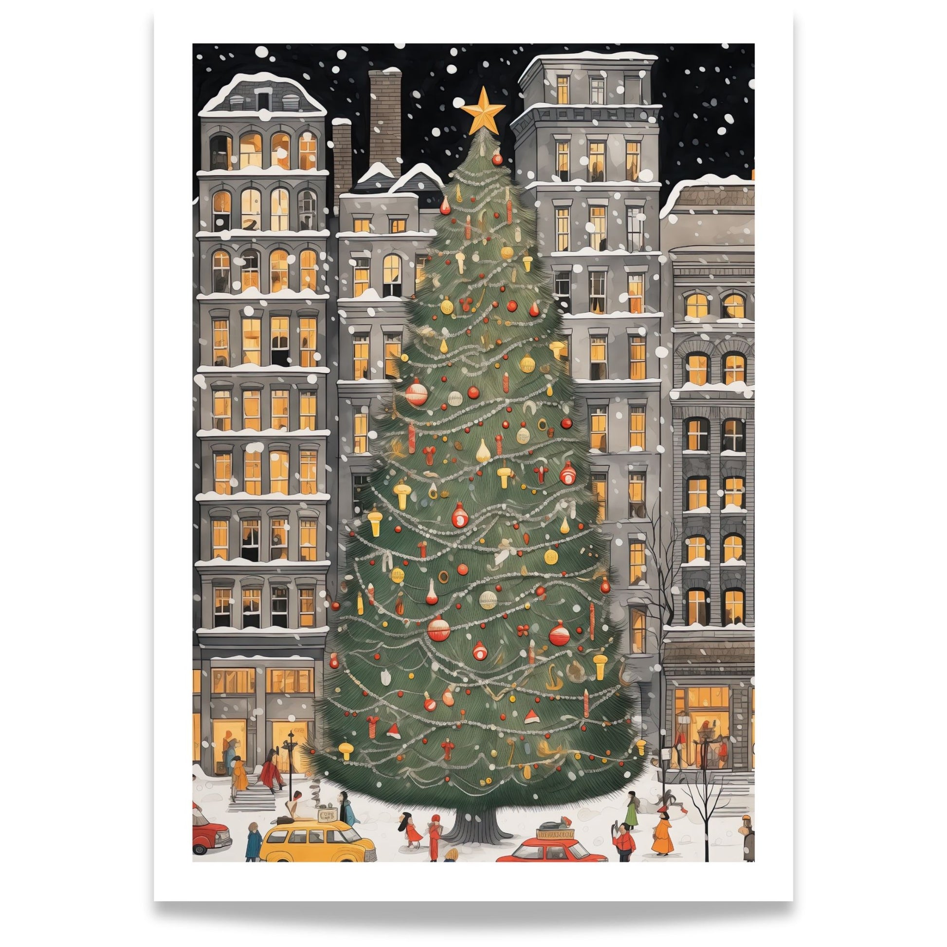 Julenatt i Byparken plakat med stort juletre, snøfall og snødekte bygårder