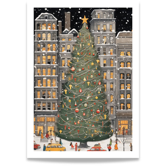 Julenatt i Byparken plakat med stort juletre, snøfall og snødekte bygårder