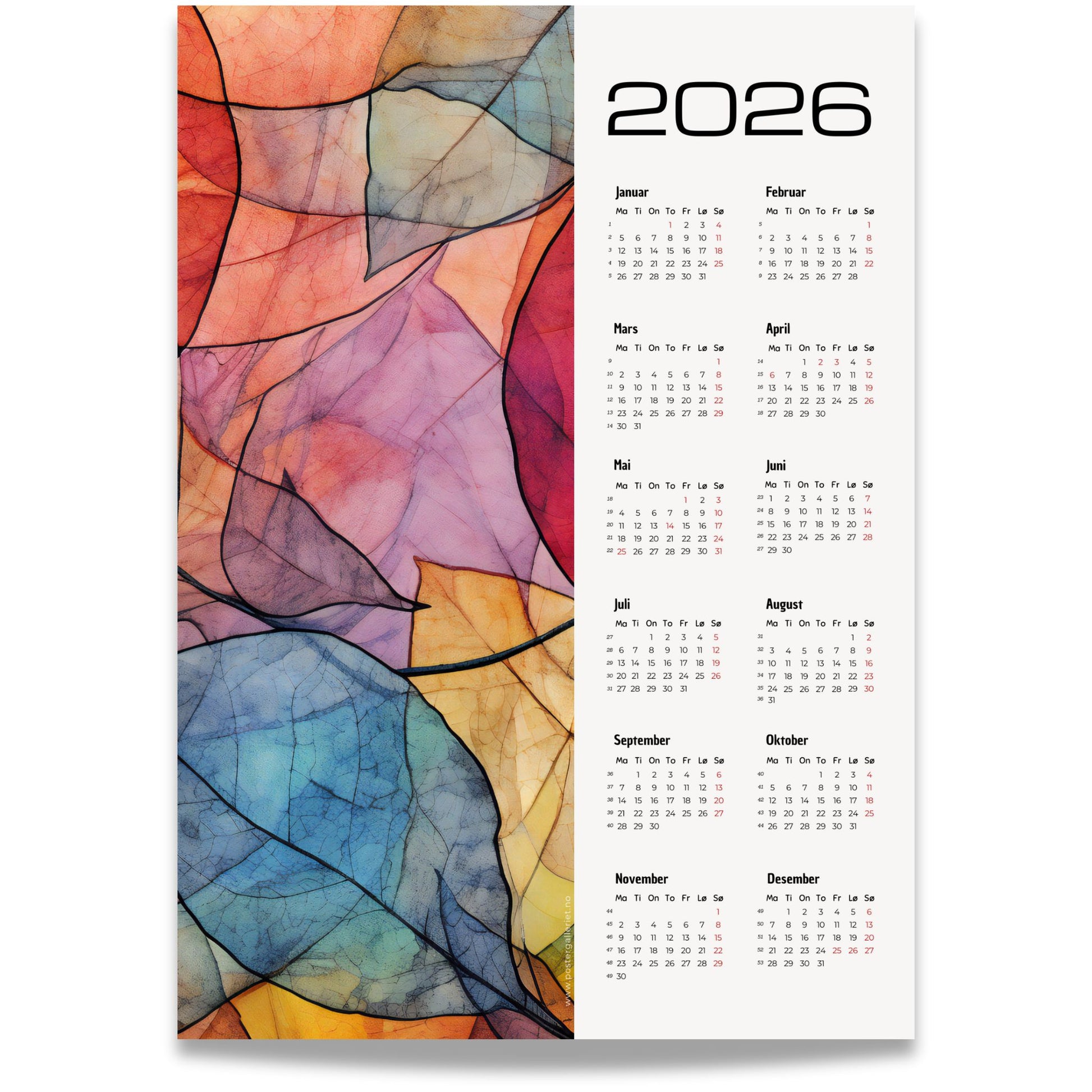 Kalender 2026 med abstrakt bladmotiv i farger og moderne kalenderlayout.