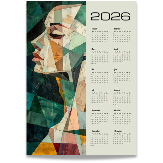 Kalender 2026 med abstrakt kvinneportrett i geometriske former og harmoniske farger, kombinert med helårsoversikt.