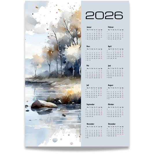 Kalender 2026 med akvarellmotiv av høstlig landskap ved vann, i lyse og varme toner.