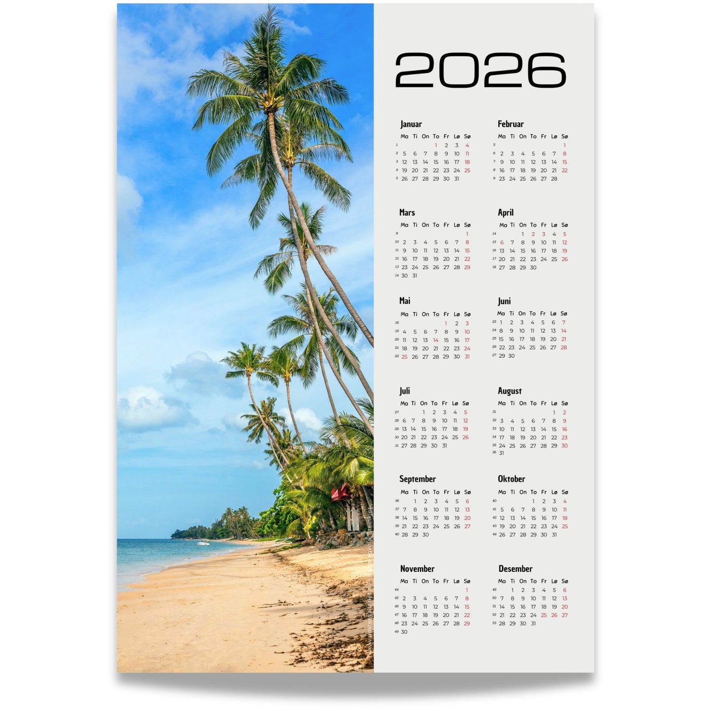 Kalender 2026 med motiv av eksotisk strand og høye palmer mot blå himmel, med tydelig kalenderdel og norske merkedager.